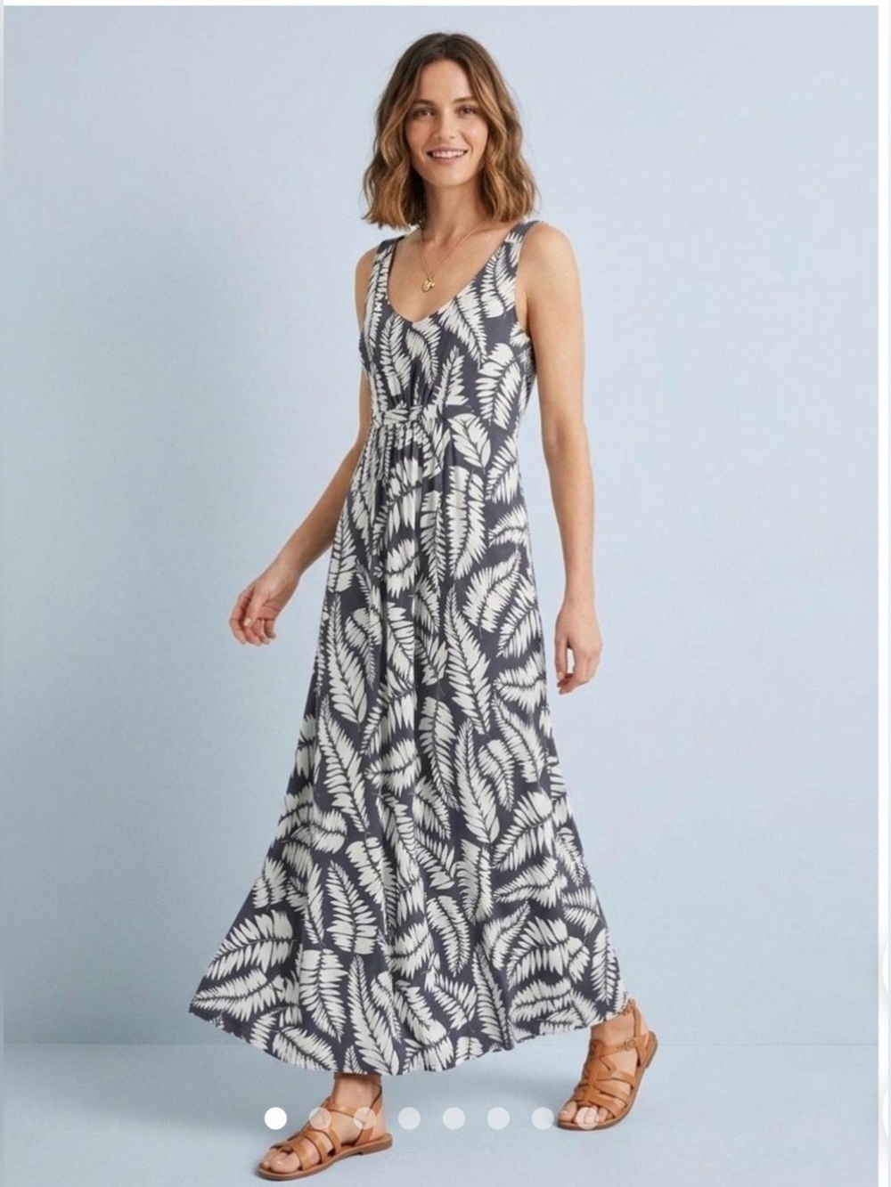Boden Wedgewood Grey White Dress with Leaf Print